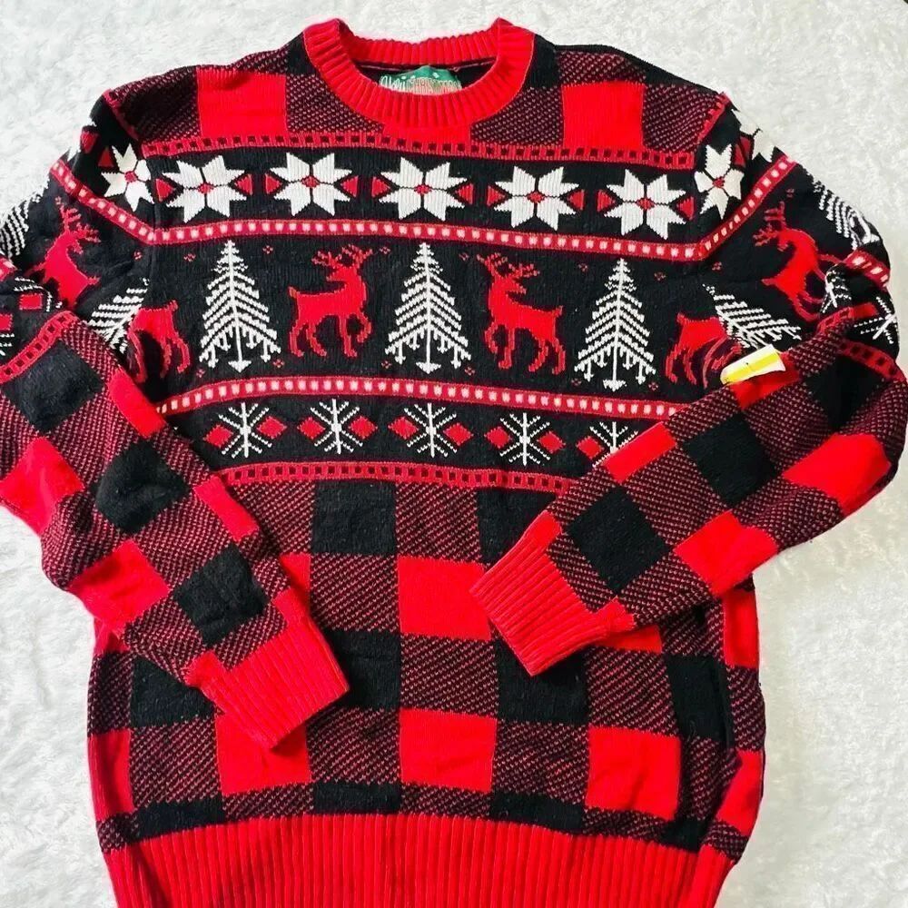 Ugly Christmas Sweater Womens Red Black Reindeer Plaid Knit Sweater Medium NWOT